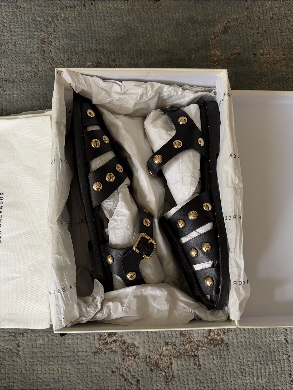 Freda Salvador Sera Fisherman Sandal in Black Calf with Gold Studs - Picture 2 of 5